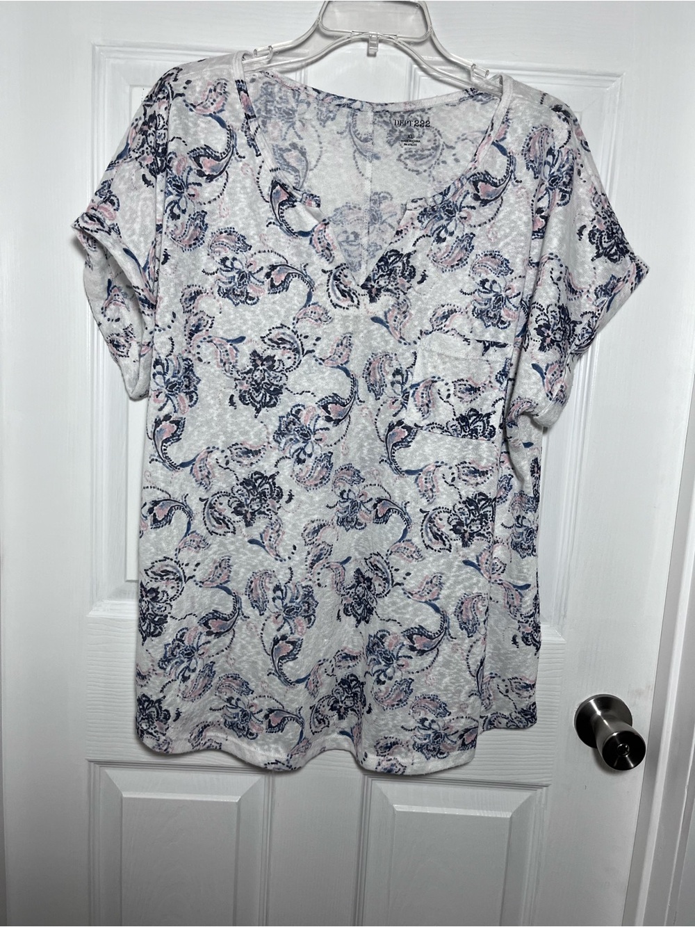 Dept 222 V-Neck Floral Paisley Short Sleeve Top - White with Blue & Pink